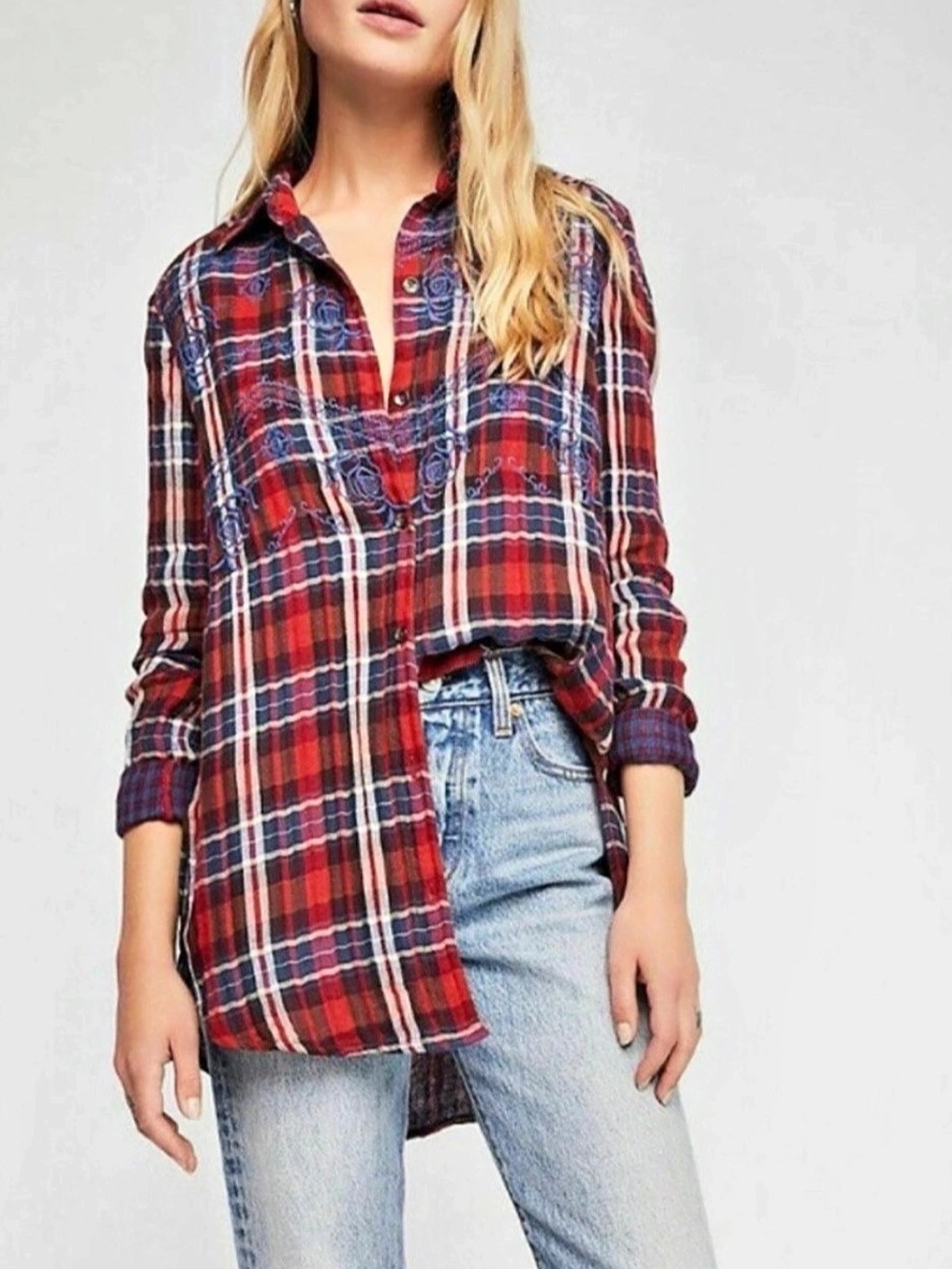 Free People Plaid Button Front Shirt in Red & Blue Size Medium